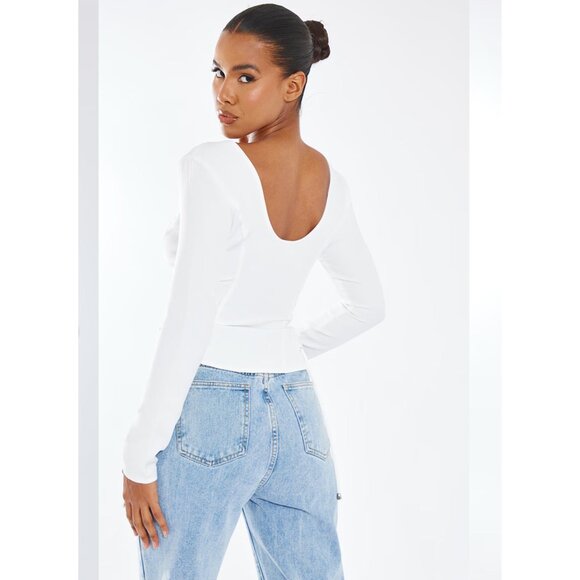 PLT WOMENS TOP SIZE 2 CREAM WOVEN LACE UP PLUNGE DETAIL LONG SLEEVE SEXY TOP NWT - Picture 2 of 12